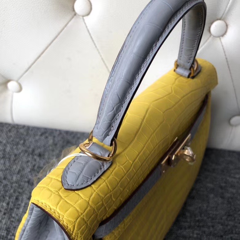 Hermès（爱马仕）kelly 25cm Alligator matt 雾面鳄鱼 M9 冰凝黄拼 4Z 海鸥灰 金扣 马蹄印