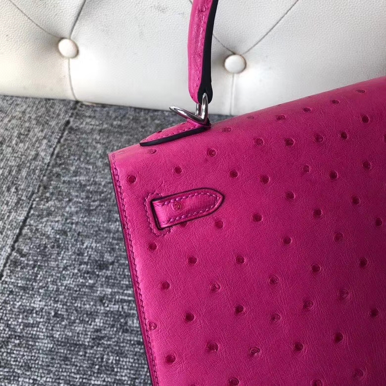 Hermès（爱马仕）kelly 25cm Ostrich kk 鸵鸟皮 E5 桃红 银扣 顶级手缝 定制