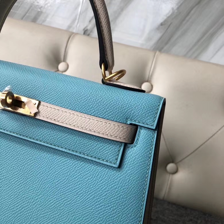 Hermès（爱马仕）Kelly 25cm Eposm 原厂掌纹皮  北方蓝拼奶昔白 金扣 马蹄印 顶级手缝