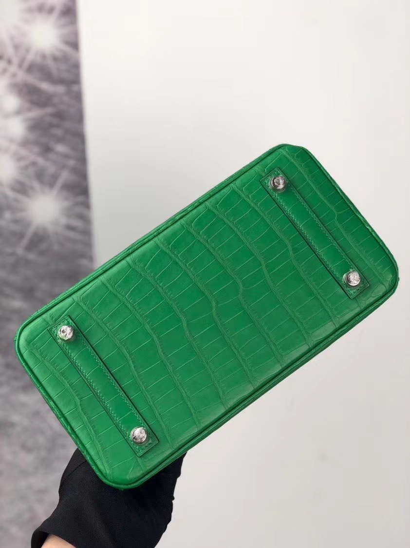 Hermès（爱马仕）Birkin 25cm Alligator matt 雾面鳄鱼 仙人掌绿拼马鞍皮金棕色 银扣 顶级手缝 现货