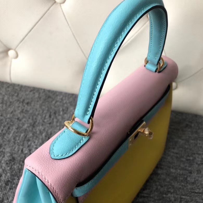 Hermès（爱马仕）Kelly 25cm evecolor 小牛皮 柠檬黄拼奶昔粉拼孔雀蓝 金扣 马蹄印
