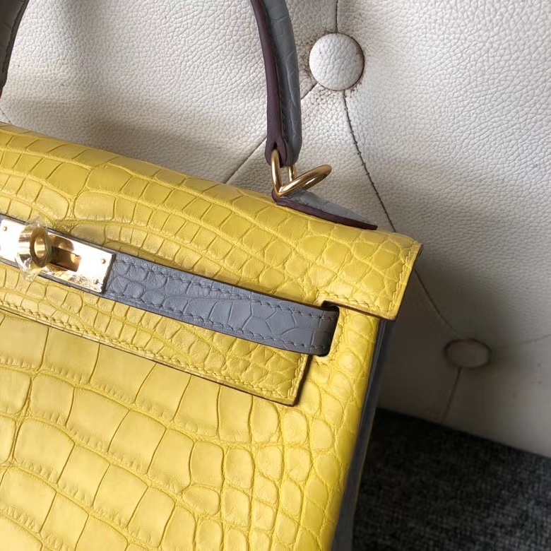 Hermès（爱马仕）kelly 25cm Alligator matt 雾面鳄鱼 M9 冰凝黄拼 4Z 海鸥灰 金扣 马蹄印