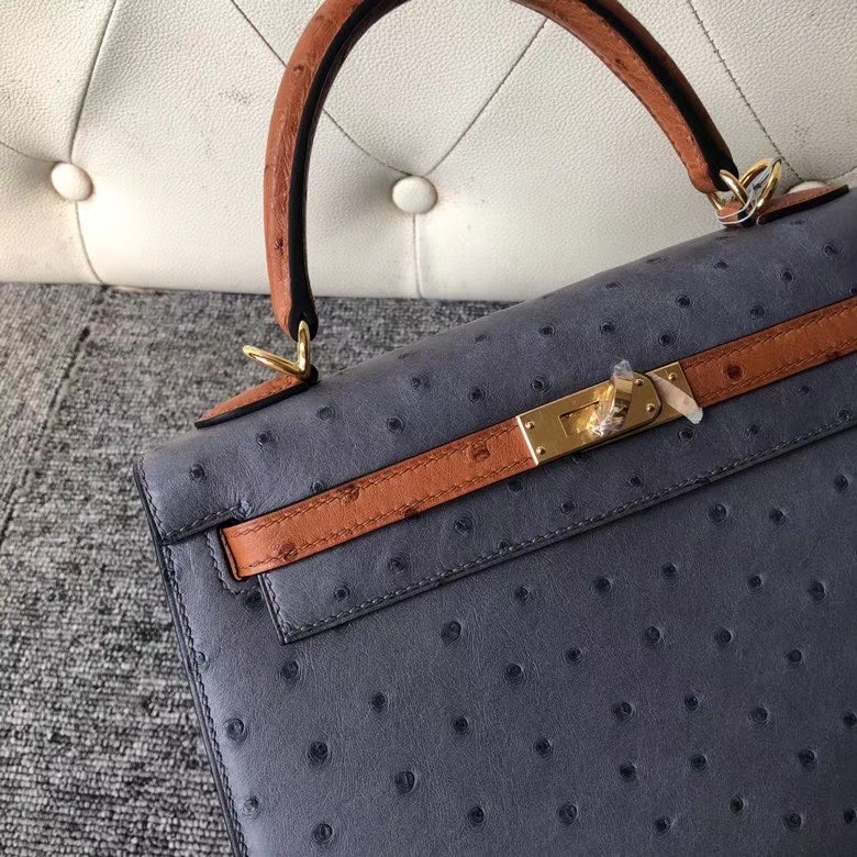 Hermès（爱马仕）Kelly 25cm Ostrich kk鸵鸟 玛瑙灰拼金棕色 金扣 马蹄印 顶级手缝 定制