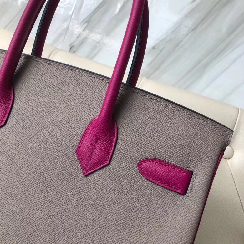 Hermès（爱马仕）Birkin 30 Eposm 原厂掌纹皮 沥青灰拼玫瑰紫 金扣 马蹄印 顶级手缝