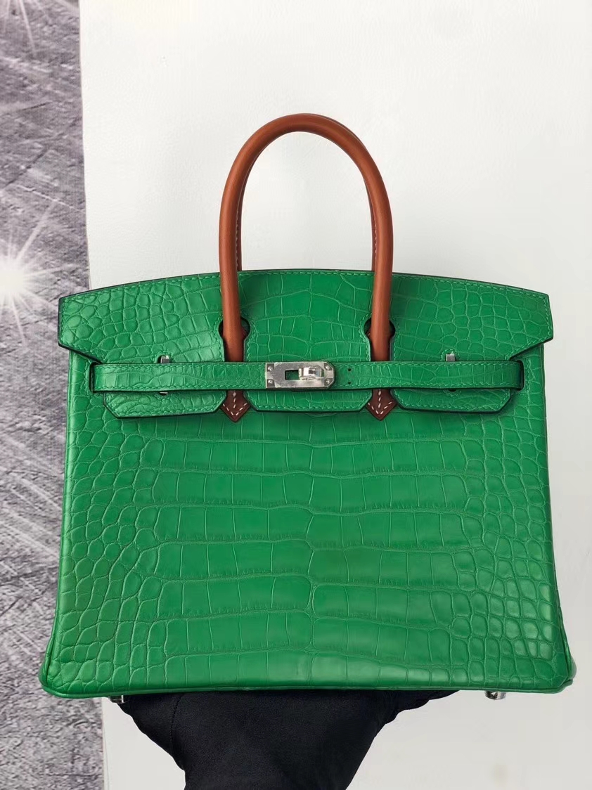 Hermès（爱马仕）Birkin 25cm Alligator matt 雾面鳄鱼 仙人掌绿拼马鞍皮金棕色 银扣 顶级手缝 现货