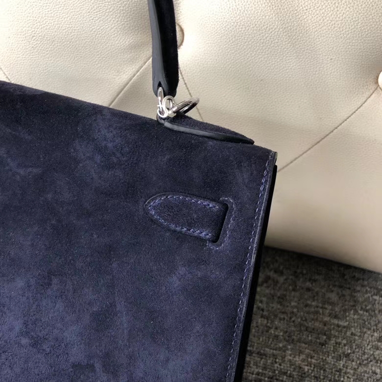 Hermès（爱马仕）Kelly 28cm 麂皮 宝石蓝 银扣  顶级手缝 定制