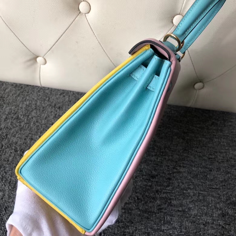 Hermès（爱马仕）Kelly 25cm evecolor 小牛皮 柠檬黄拼奶昔粉拼孔雀蓝 金扣 马蹄印