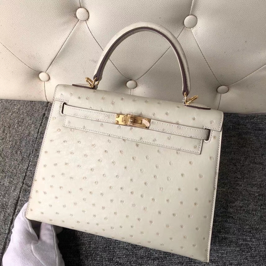 Hermès（爱马仕）kelly 25cm Ostrich kk 鸵鸟 3C 羊毛白  顶级手缝 定制