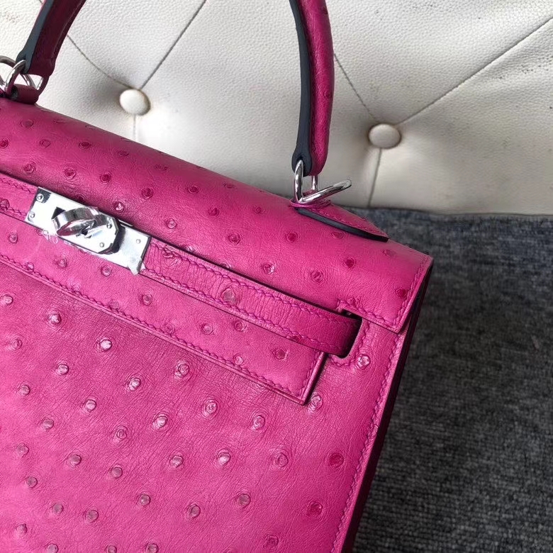 Hermès（爱马仕）kelly 25cm Ostrich kk 鸵鸟皮 E5 桃红 银扣 顶级手缝 定制