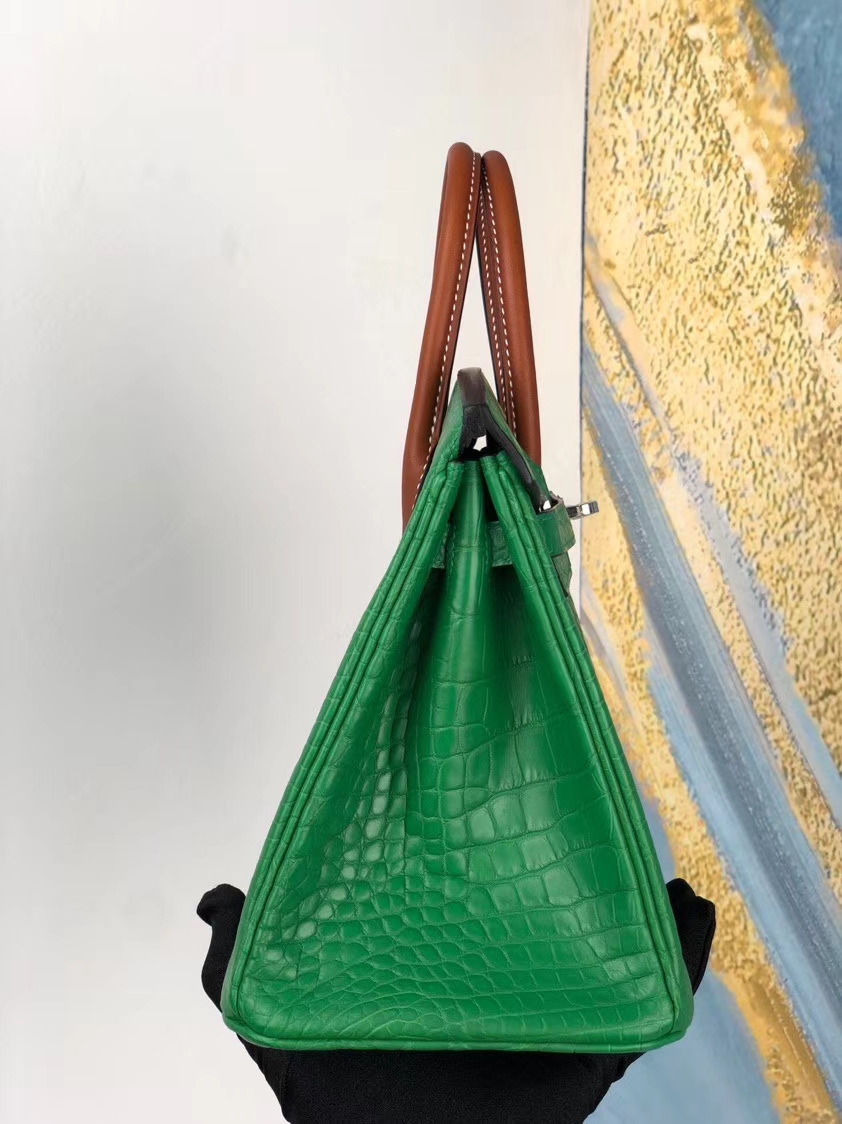 Hermès（爱马仕）Birkin 25cm Alligator matt 雾面鳄鱼 仙人掌绿拼马鞍皮金棕色 银扣 顶级手缝 现货