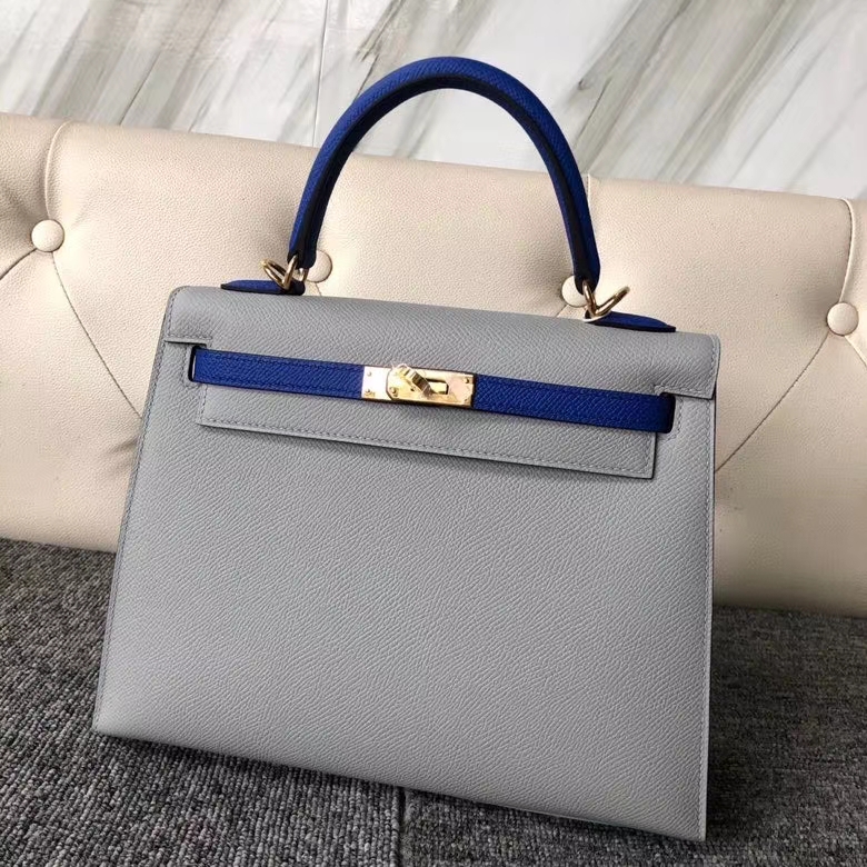 Hermès（爱马仕）Kelly 25cm Eposm 原厂掌纹皮 8U 冰川灰拼7T 电光蓝 金扣 马蹄印 顶级手缝