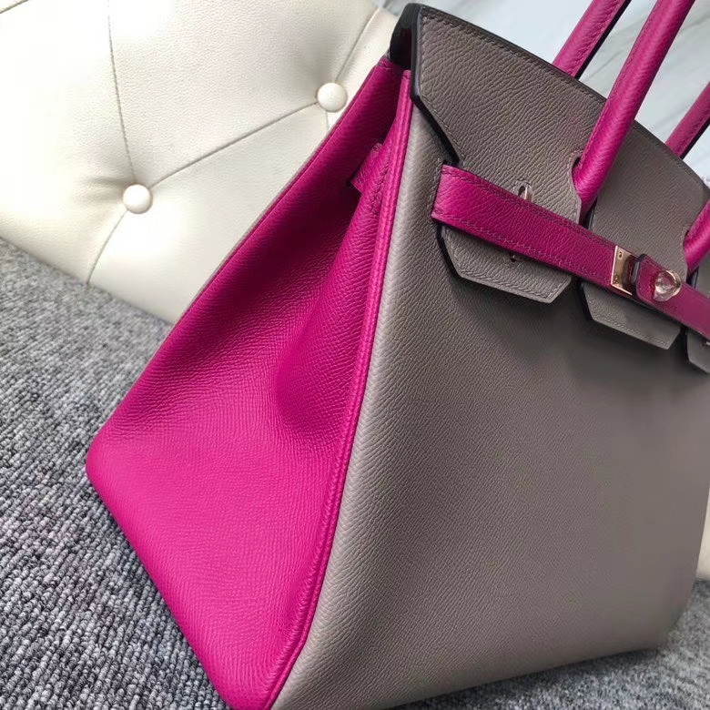Hermès（爱马仕）Birkin 30 Eposm 原厂掌纹皮 沥青灰拼玫瑰紫 金扣 马蹄印 顶级手缝