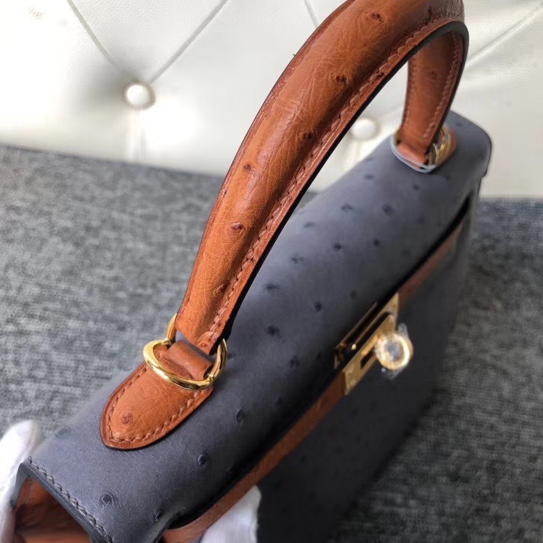Hermès（爱马仕）Kelly 25cm Ostrich kk鸵鸟 玛瑙灰拼金棕色 金扣 马蹄印 顶级手缝 定制