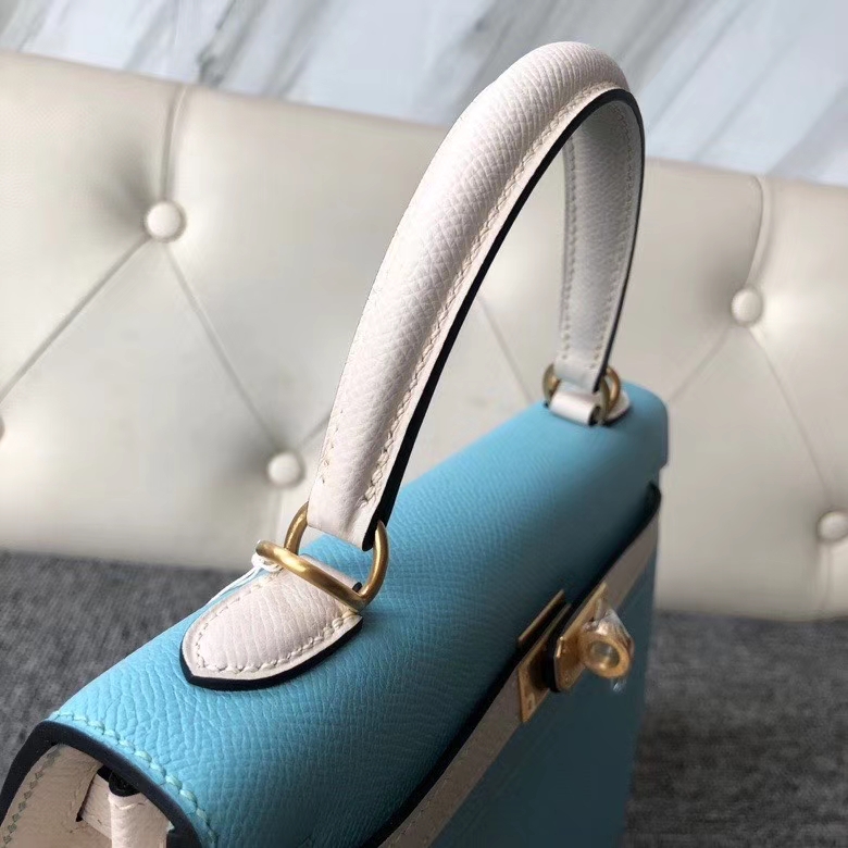 Hermès（爱马仕）Kelly 25cm Eposm 原厂掌纹皮  北方蓝拼奶昔白 金扣 马蹄印 顶级手缝