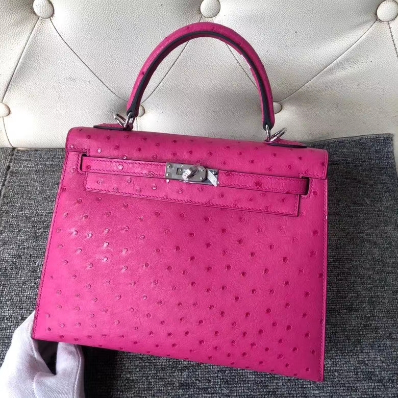 Hermès（爱马仕）kelly 25cm Ostrich kk 鸵鸟皮 E5 桃红 银扣 顶级手缝 定制