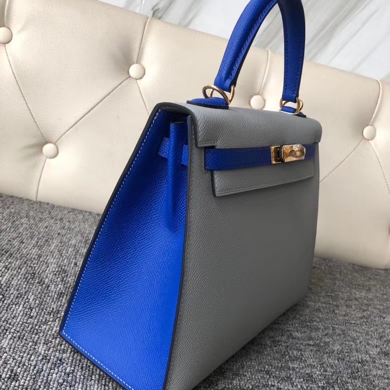 Hermès（爱马仕）Kelly 25cm Eposm 原厂掌纹皮 8U 冰川灰拼7T 电光蓝 金扣 马蹄印 顶级手缝