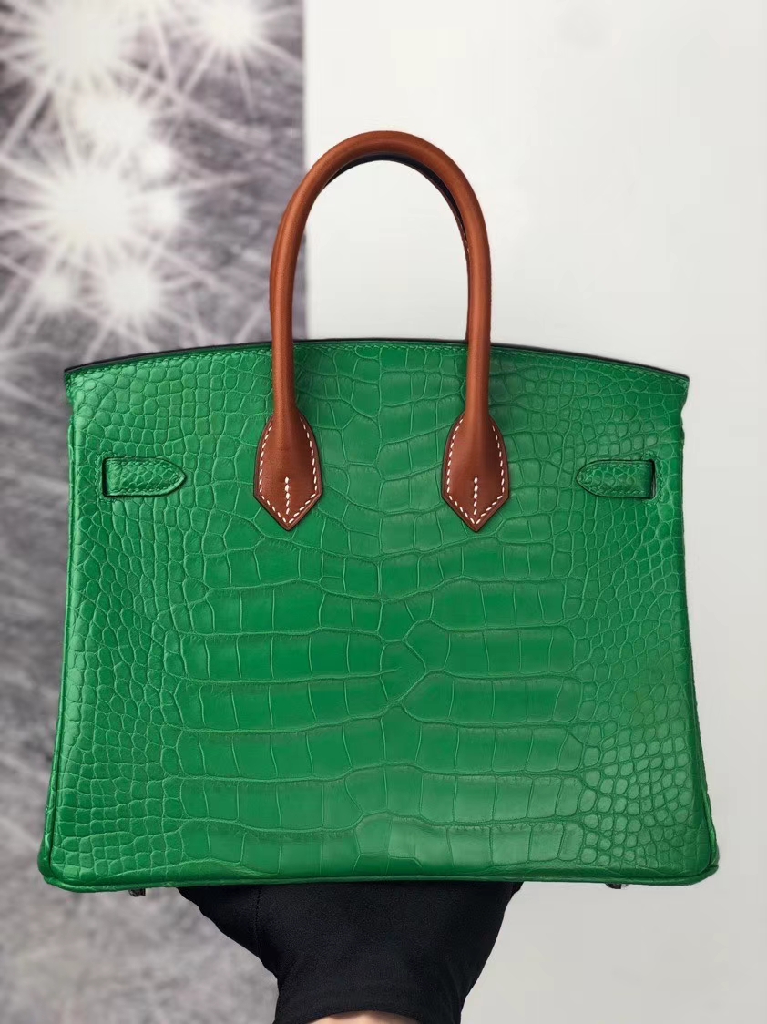 Hermès（爱马仕）Birkin 25cm Alligator matt 雾面鳄鱼 仙人掌绿拼马鞍皮金棕色 银扣 顶级手缝 现货