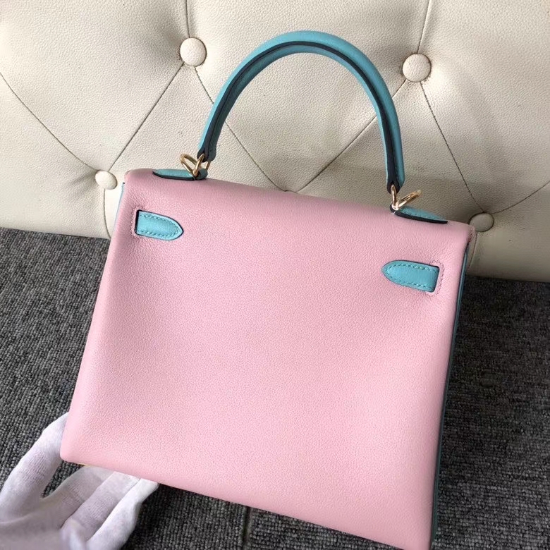 Hermès（爱马仕）Kelly 25cm evecolor 小牛皮 柠檬黄拼奶昔粉拼孔雀蓝 金扣 马蹄印