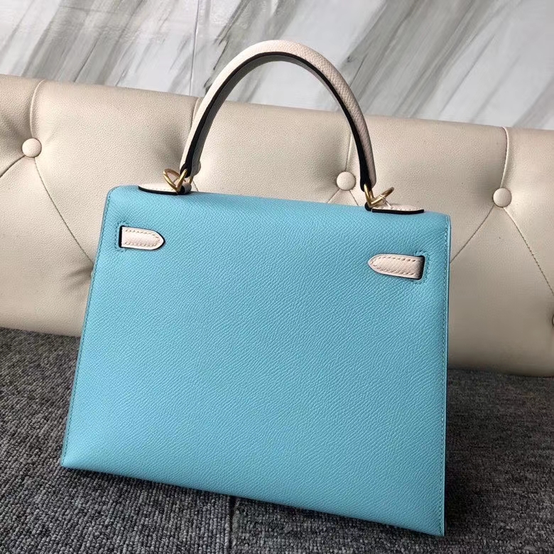 Hermès（爱马仕）Kelly 25cm Eposm 原厂掌纹皮  北方蓝拼奶昔白 金扣 马蹄印 顶级手缝