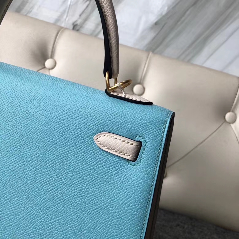 Hermès（爱马仕）Kelly 25cm Eposm 原厂掌纹皮  北方蓝拼奶昔白 金扣 马蹄印 顶级手缝