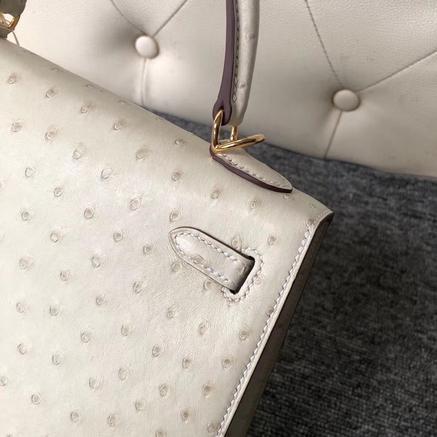 Hermès（爱马仕）kelly 25cm Ostrich kk 鸵鸟 3C 羊毛白  顶级手缝 定制