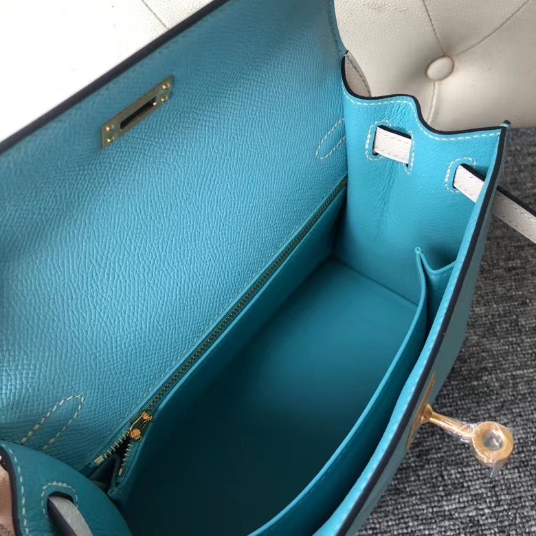 Hermès（爱马仕）Kelly 25cm Eposm 原厂掌纹皮  北方蓝拼奶昔白 金扣 马蹄印 顶级手缝