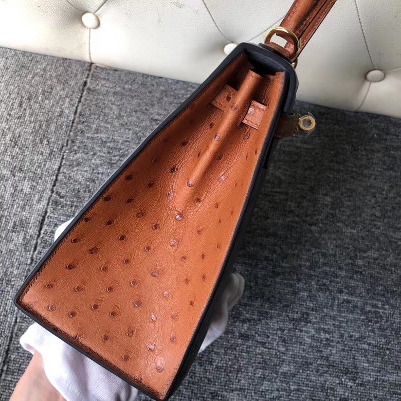 Hermès（爱马仕）Kelly 25cm Ostrich kk鸵鸟 玛瑙灰拼金棕色 金扣 马蹄印 顶级手缝 定制