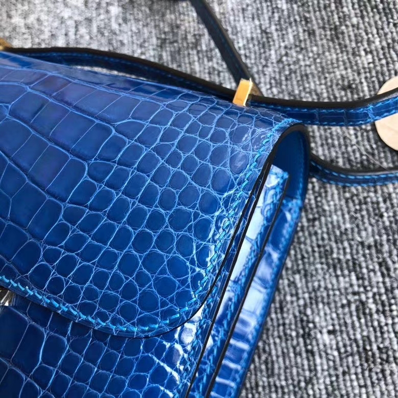 Hermès（爱马仕）Constance 18cm Alligator shiny 亮面鳄鱼 希腊蓝 金扣 顶级手缝 现货