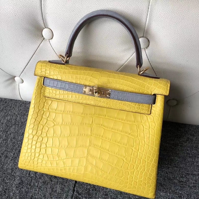 Hermès（爱马仕）kelly 25cm Alligator matt 雾面鳄鱼 M9 冰凝黄拼 4Z 海鸥灰 金扣 马蹄印