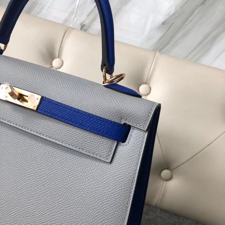 Hermès（爱马仕）Kelly 25cm Eposm 原厂掌纹皮 8U 冰川灰拼7T 电光蓝 金扣 马蹄印 顶级手缝