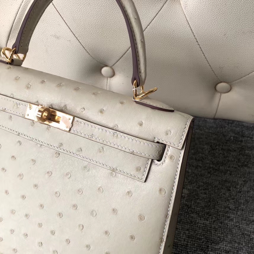 Hermès（爱马仕）kelly 25cm Ostrich kk 鸵鸟 3C 羊毛白  顶级手缝 定制