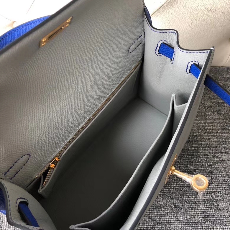 Hermès(爱马仕)Kelly 25cm Eposm 原厂掌纹皮 8U 冰川灰拼7T 电光蓝 金扣 马蹄印 顶级手缝-拉尔森鳄鱼皮具定制 - 爱马仕包包官网 Hermès(爱马仕)Kelly 25cm Eposm 原厂掌纹皮 8U 冰川灰拼7T 电光蓝 金扣 马蹄印 顶级手缝