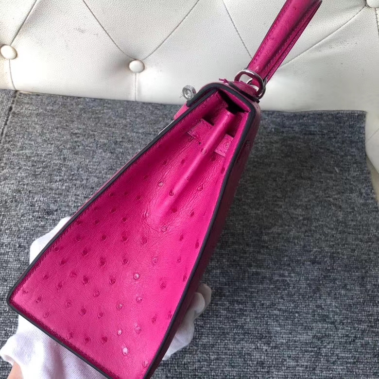 Hermès(爱马仕)kelly 25cm Ostrich kk 鸵鸟皮 E5 桃红 银扣 顶级手缝 定制-拉尔森鳄鱼皮具定制 - 爱马仕包包官网 Hermès(爱马仕)kelly 25cm Ostrich kk 鸵鸟皮 E5 桃红 银扣 顶级手缝 定制