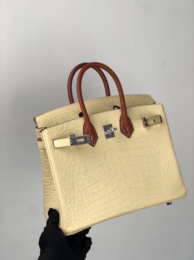 Hermès（爱马仕）Birkin 25cm Alligator matt 雾面鳄鱼 Y1香草色拼马鞍皮金棕色 银扣 顶级手缝 定制