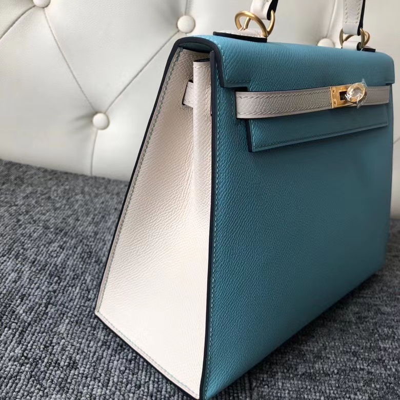 Hermès(爱马仕)Kelly 25cm Eposm 原厂掌纹皮 北方蓝拼奶昔白 金扣 马蹄印 顶级手缝-拉尔森鳄鱼皮具定制 - 爱马仕包包官网 Hermès(爱马仕)Kelly 25cm Eposm 原厂掌纹皮 北方蓝拼奶昔白 金扣 马蹄印 顶级手缝