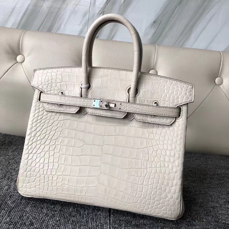 Hermès（爱马仕）Birkin 25cm Alligator matt 雾面鳄鱼 8L 奶油白 Beton 银扣 顶级手缝 定制