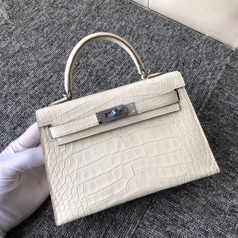 Hermès（爱马仕）Mini kelly ll Alligator matt 雾面鳄鱼 8L 奶油白 银扣 顶级手缝