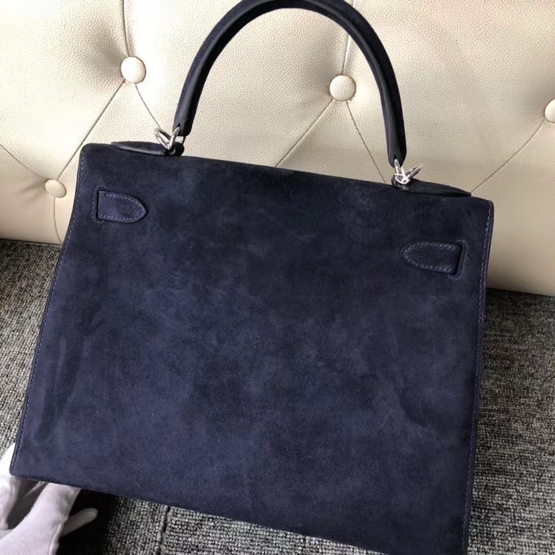 Hermès（爱马仕）Kelly 28cm 麂皮 宝石蓝 银扣  顶级手缝 定制