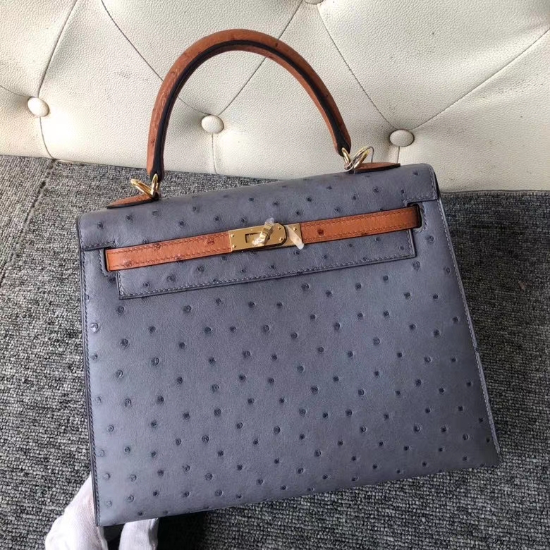 Hermès(爱马仕)Kelly 25cm Ostrich kk鸵鸟 玛瑙灰拼金棕色 金扣 马蹄印 顶级手缝 定制-拉尔森鳄鱼皮具定制 - 爱马仕包包官网 Hermès(爱马仕)Kelly 25cm Ostrich kk鸵鸟 玛瑙灰拼金棕色 金扣 马蹄印 顶级手缝 定制