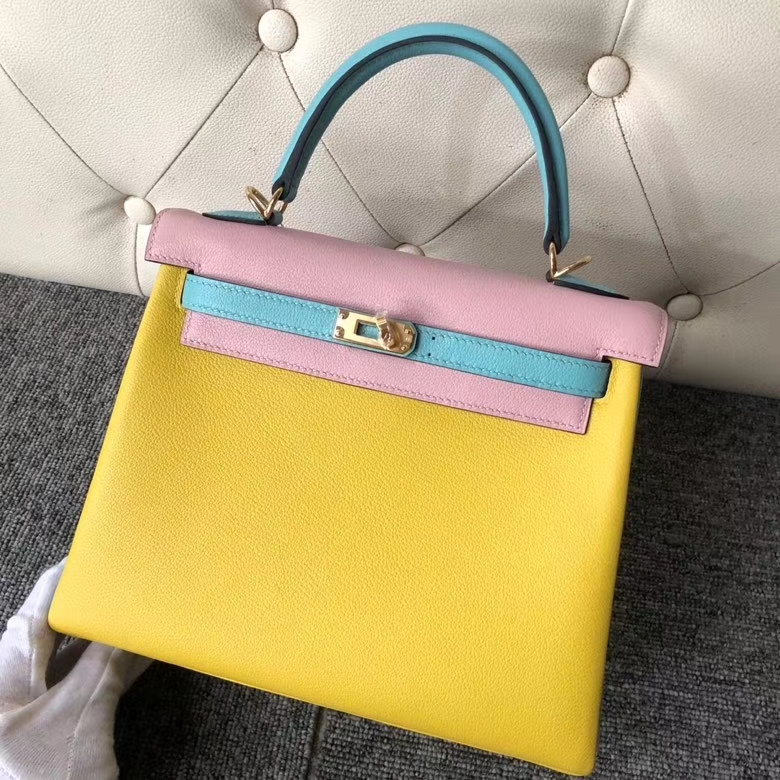 Hermès（爱马仕）Kelly 25cm evecolor 小牛皮 柠檬黄拼奶昔粉拼孔雀蓝 金扣 马蹄印