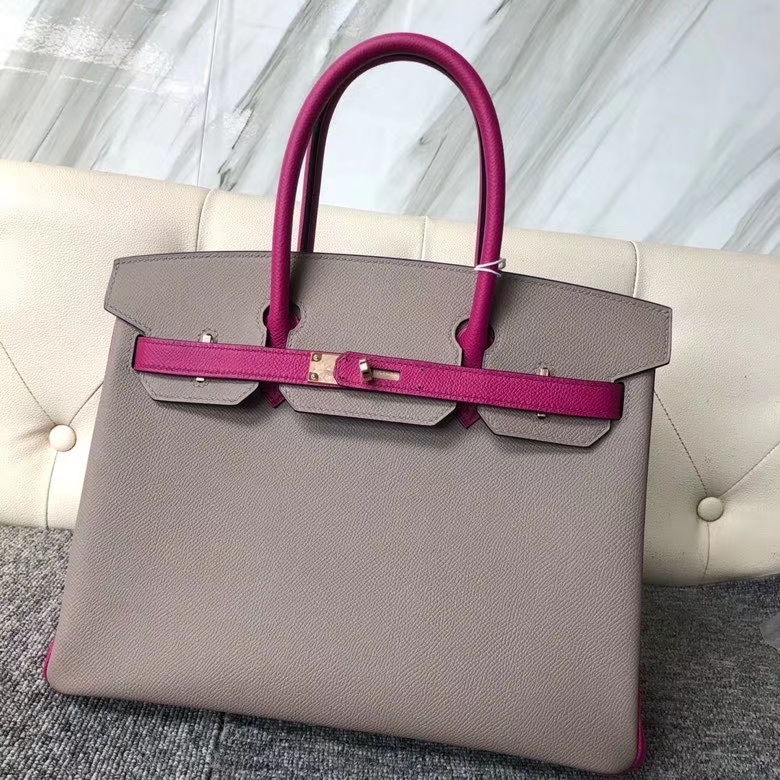 Hermès（爱马仕）Birkin 30 Eposm 原厂掌纹皮 沥青灰拼玫瑰紫 金扣 马蹄印 顶级手缝