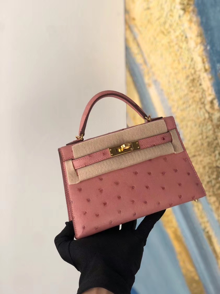 Hermès（爱马仕）Mini kelly ll Ostrich kk鸵鸟 cc94 陶瓷粉 金扣 顶级手缝 现货
