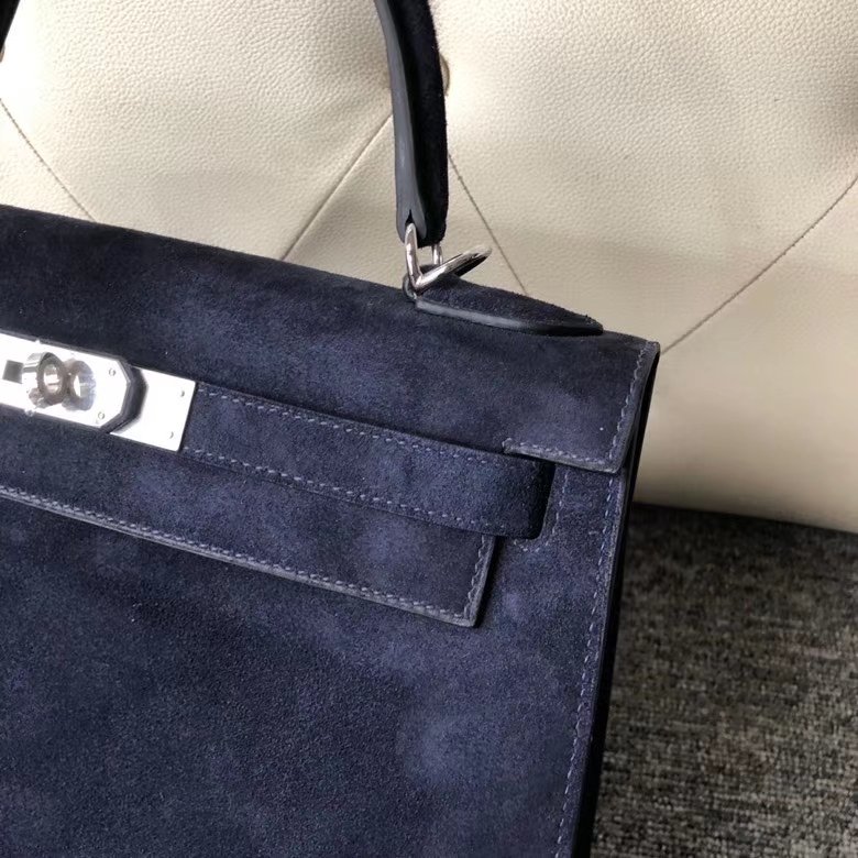 Hermès（爱马仕）Kelly 28cm 麂皮 宝石蓝 银扣  顶级手缝 定制
