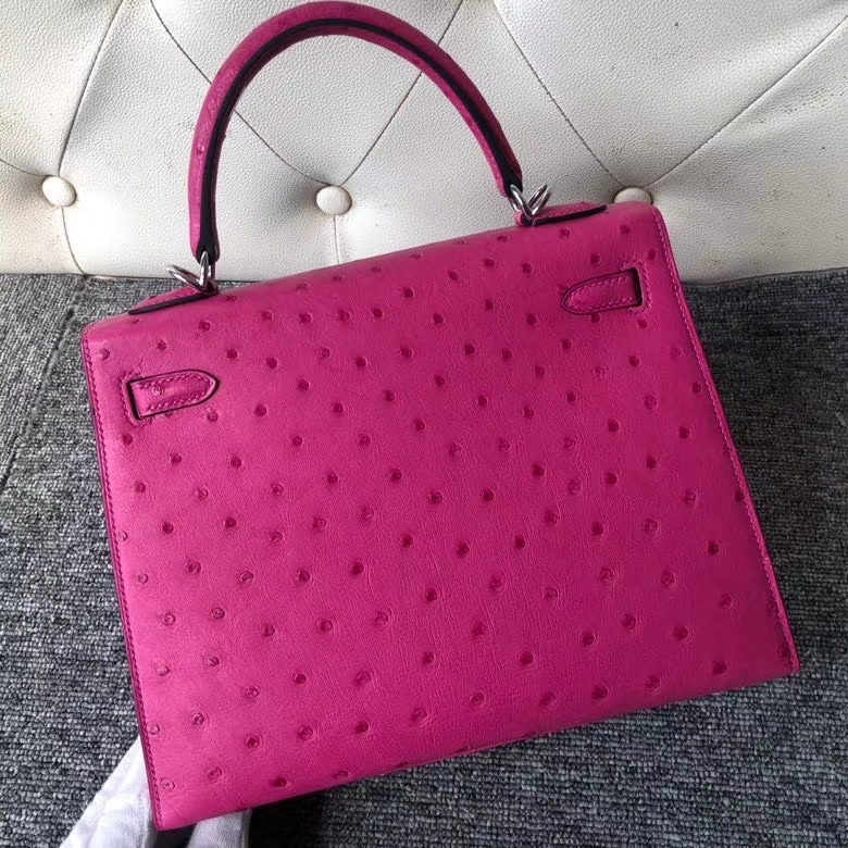 Hermès（爱马仕）kelly 25cm Ostrich kk 鸵鸟皮 E5 桃红 银扣 顶级手缝 定制