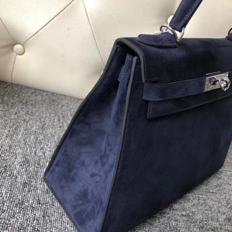 Hermès（爱马仕）Kelly 28cm 麂皮 宝石蓝 银扣  顶级手缝 定制