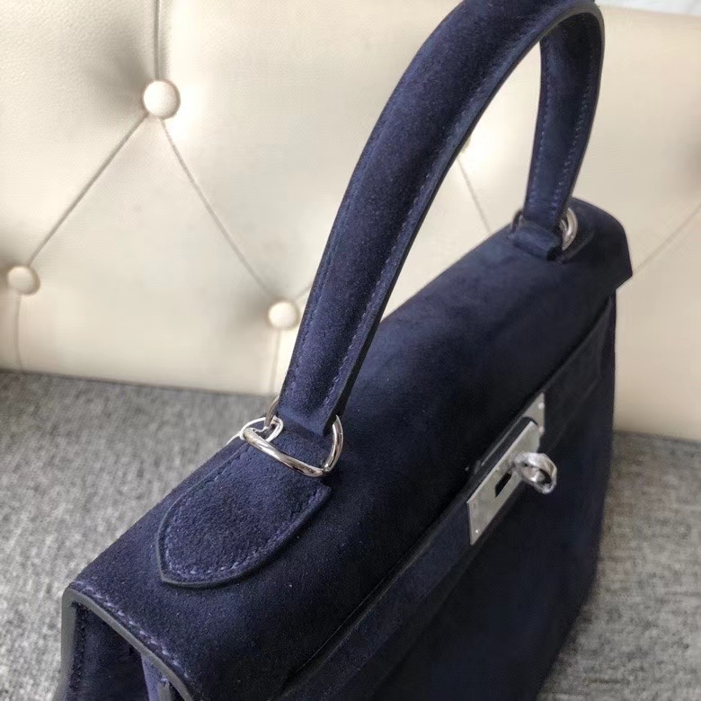 Hermès（爱马仕）Kelly 28cm 麂皮 宝石蓝 银扣  顶级手缝 定制