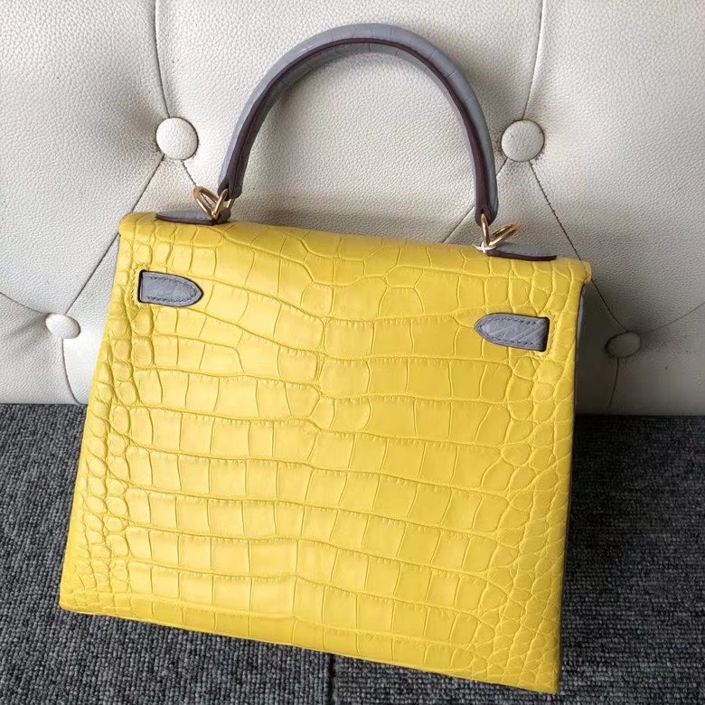 Hermès（爱马仕）kelly 25cm Alligator matt 雾面鳄鱼 M9 冰凝黄拼 4Z 海鸥灰 金扣 马蹄印