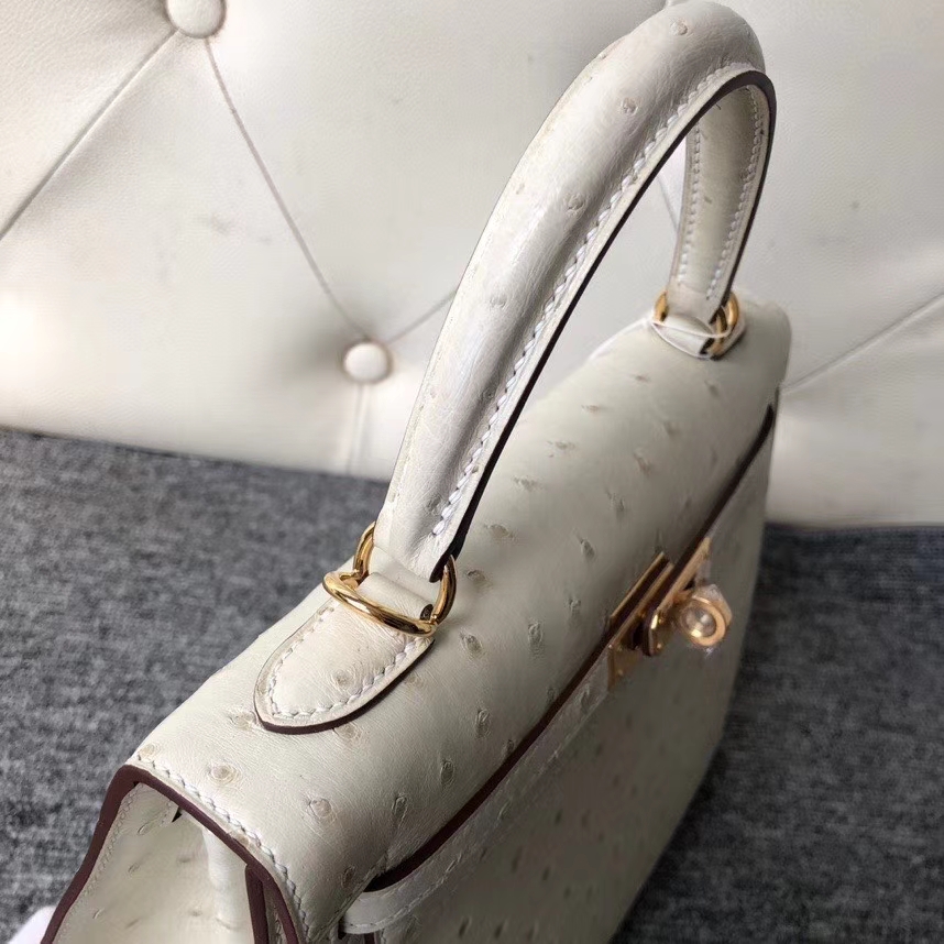 Hermès（爱马仕）kelly 25cm Ostrich kk 鸵鸟 3C 羊毛白  顶级手缝 定制