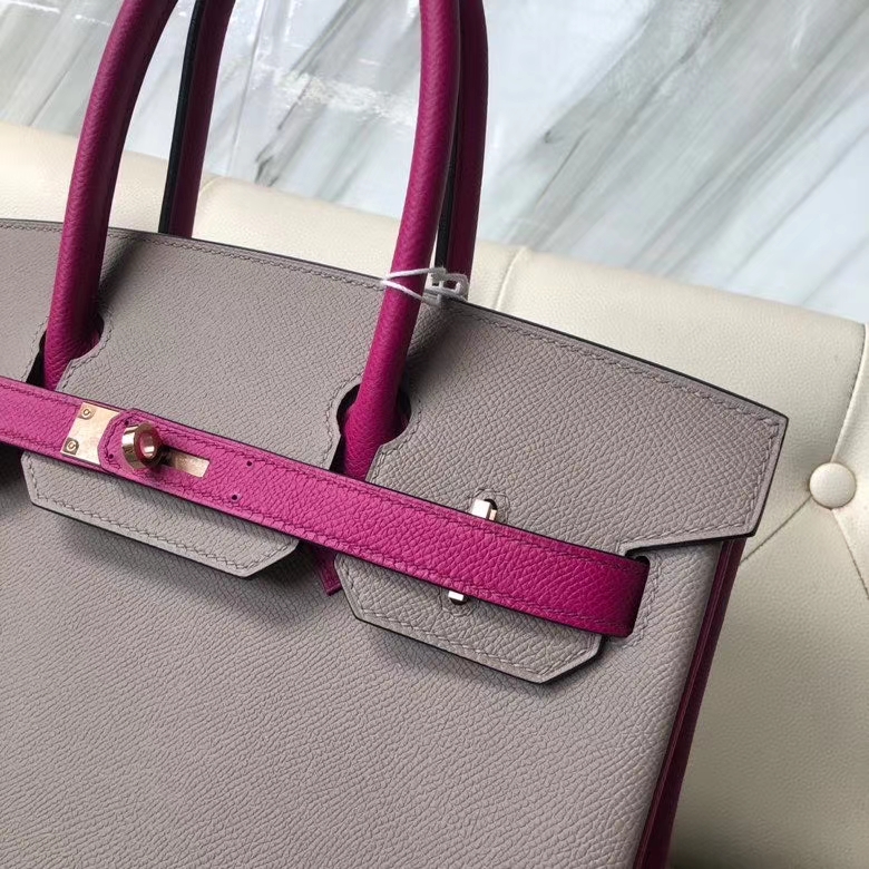 Hermès（爱马仕）Birkin 30 Eposm 原厂掌纹皮 沥青灰拼玫瑰紫 金扣 马蹄印 顶级手缝