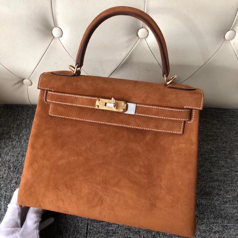Hermès（爱马仕）Kelly 28cm 麂皮  金棕色 Gold 金扣  顶级手缝 定制